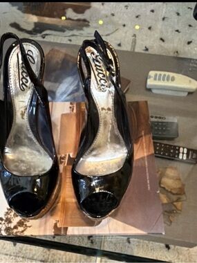 Gucci Black Patent Peep-Toe Slingback Heels